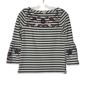 J. Crew Factory 3/4 Sleeve Boat Neck Embroidered Striped Top Black White XXS